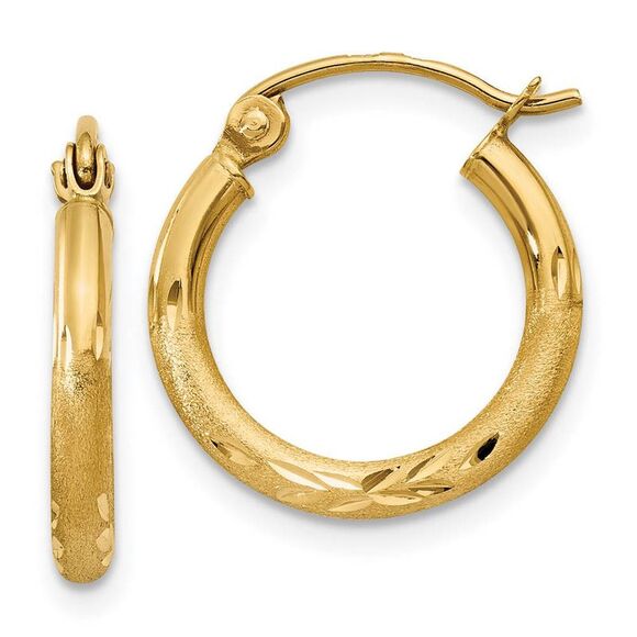 2mm x 15mm 14k Yellow Gold Satin & Diamond-Cut Round Hoop...